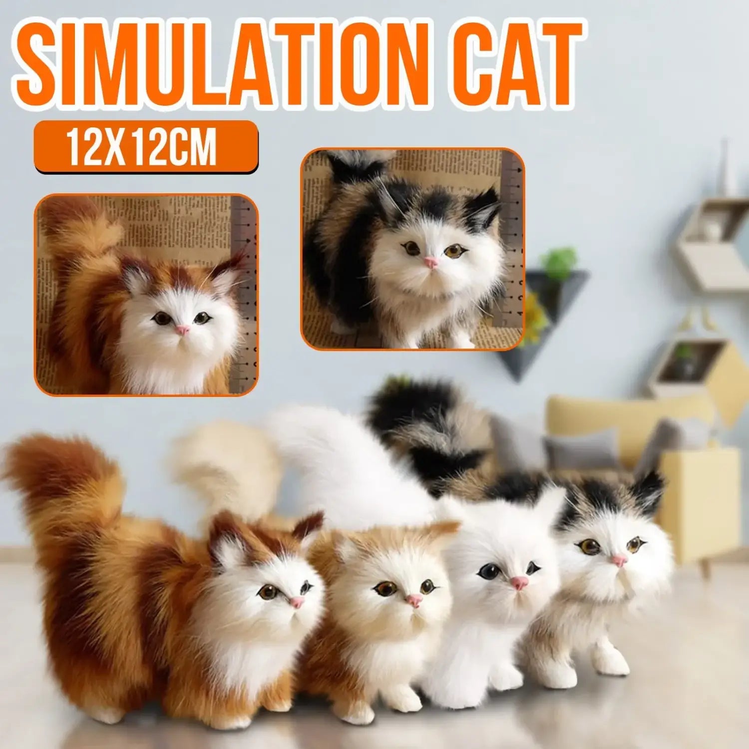 Adorable 12x12cm simulation cat plush soft stuffed animal toy featuring fluffy faux fur, realistic facial features, and soft pastel or warm-toned color combinations.