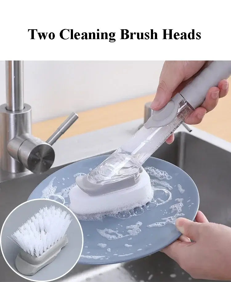 Brosse à vaisselle pour distribution de savon grise et transparente en plastique, manche long, avec deux têtes de nettoyage pour le récurage et le rinçage.