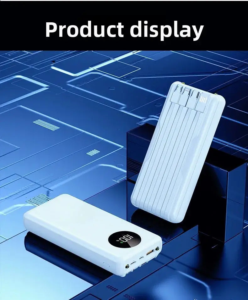 white rectangular power bank 20000mah with digital display and multiple usb ports for 5v2a fast charging and 120w output