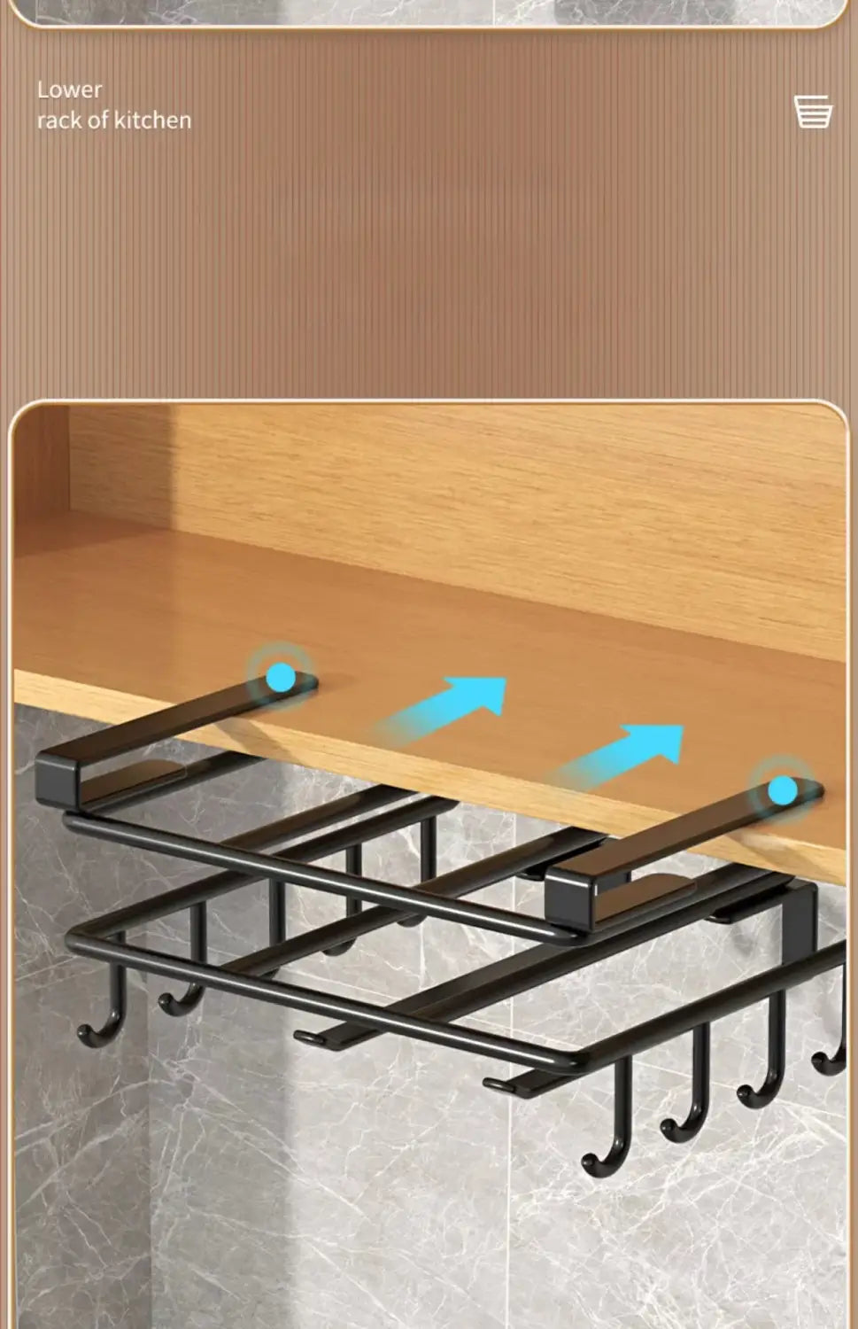 Black metal under shelf basket storage rack with multiple hooks designed as a cabinet organizer for kitchen organization.