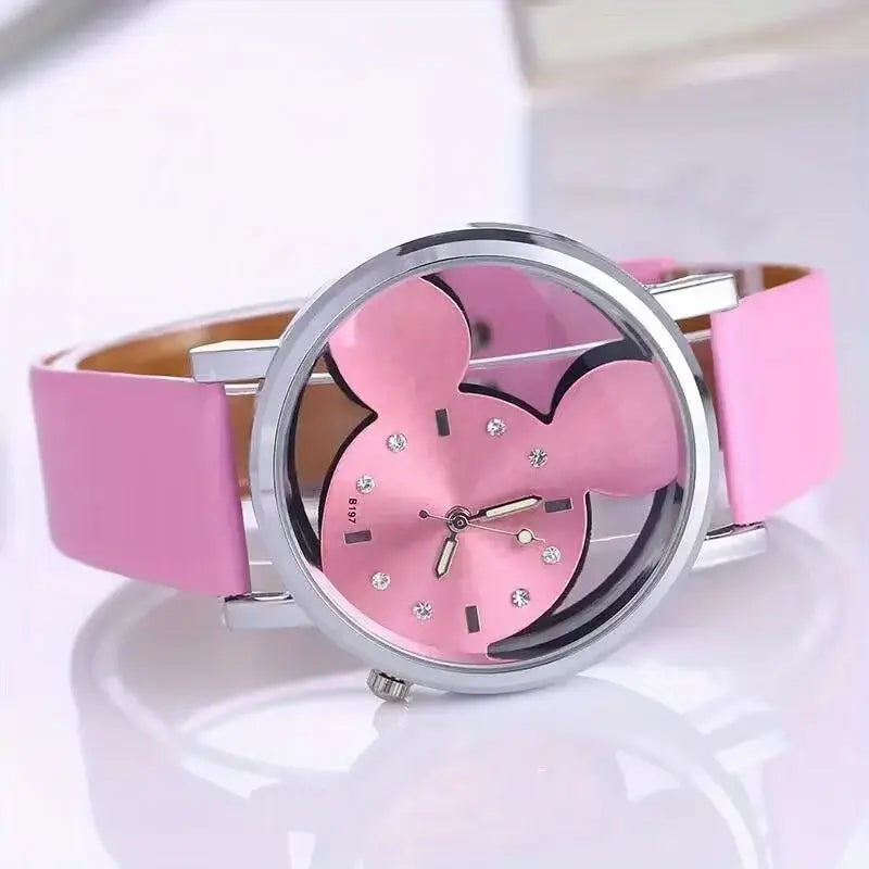 Mickey Mouse leather kids quartz watch with a pink minnie mouse-themed face, silver-toned case, pink leather strap, and sparkling rhinestones.