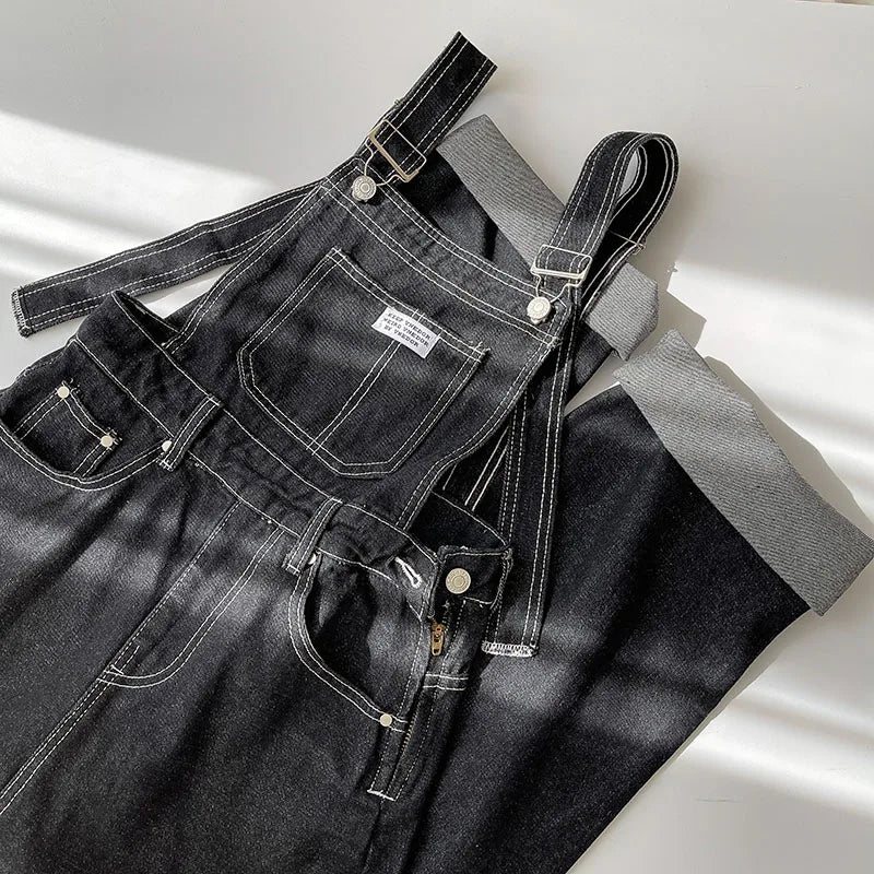 Women Casual Denim Overalls Spring Autumn Buttons Pockets High Waist Straight Jeans Korean Style Fashion Jumpsuit Pants