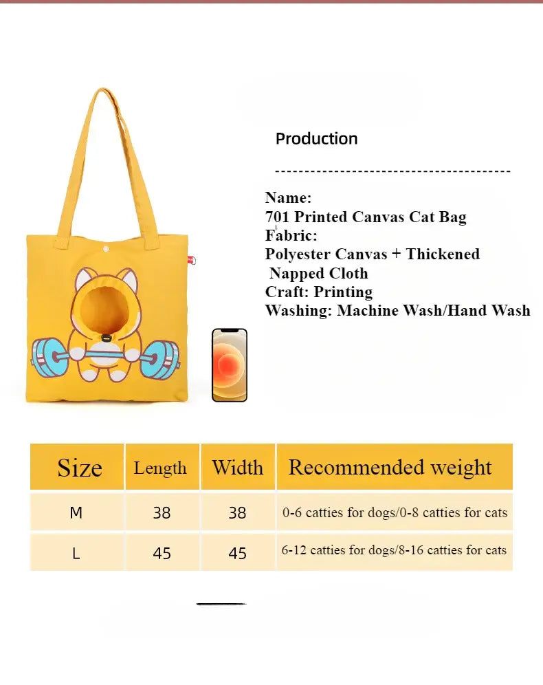 Sac tote en toile polyester jaune joyeux, avec un tissu matelassé renforcé, comprenant un dessin imprimé d’un chat en dessin animé qui soulève des poids, conçu pour les voyages en extérieur et l’usage pour chiot et chat domestiques.