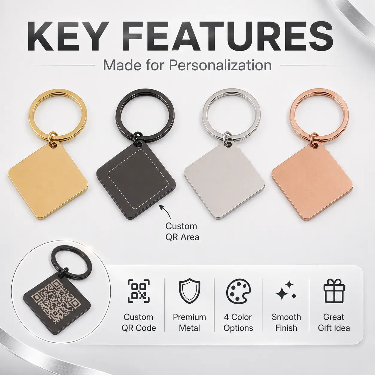 custom qr code metal keychains in gold black silver and rose gold finishes with a personalized engraved qr code area.
