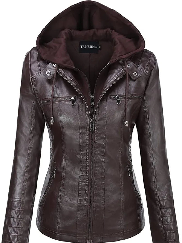 Hooded Leather Jacket Two-Piece Set Removable Large Size Leather Jacket for Women Spring Fall Outwear Women Pu Washed Leather