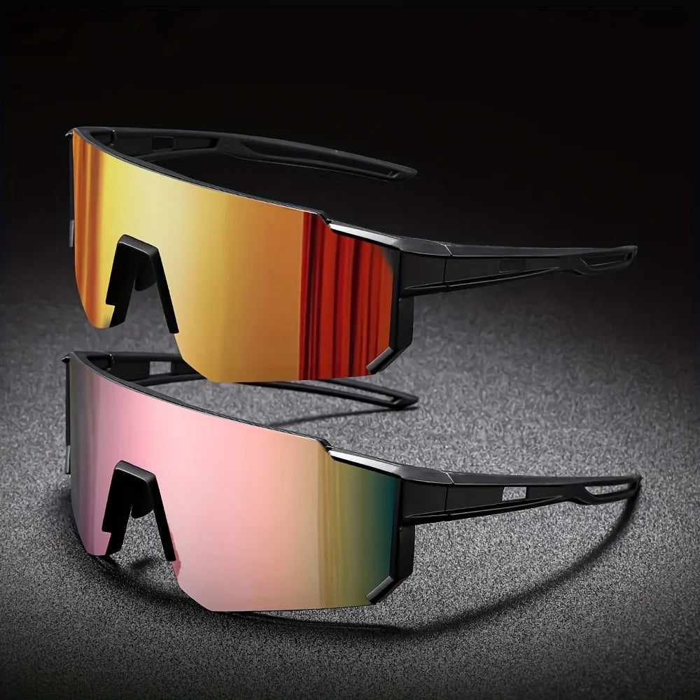Men oversized cycling sunglasses with black frames and polycarbonate gradient lenses in vibrant orange and pink hues suitable for various applicable scenarios to wear sunglasses with effective filter category protection.