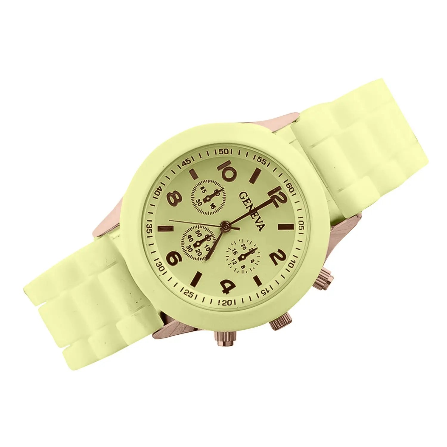 Women silicone quartz watch fashion chronograph with lime green silicone strap and rose gold tone case and subdials.