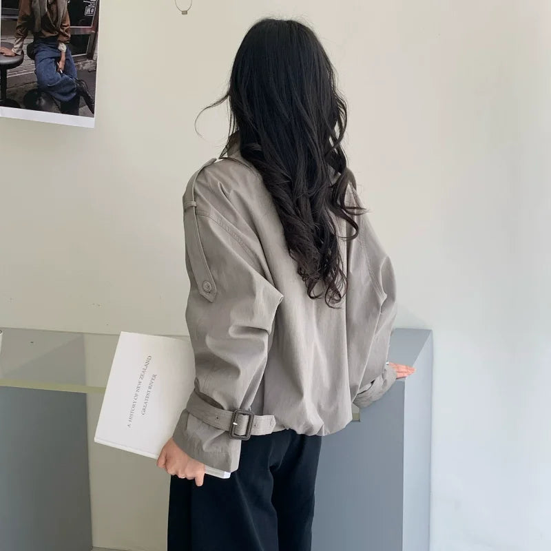 Women's Loose Short Trench Coat Solid Stand Collar Double Breasted Cropped Windbreaker 2026 New Autumn Casual Lady Trench Coats