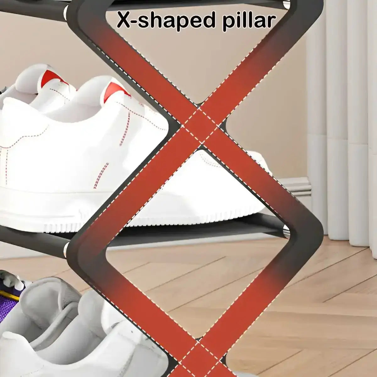 schwarzes X-förmiges robustes Schuhregal aus Stahl mit staubabweisendem Bezug aus Stoff und einem eleganten modernen Design