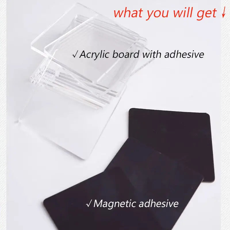 panneaux en acrylique transparent avec adhésif et feuilles noires d’adhésif magnétique pour aimants de réfrigérateur personnalisés dans un kit de bricolage DIY en acrylique, fournissant des matériaux pour la création de magnets de réfrigérateur personnalisés.