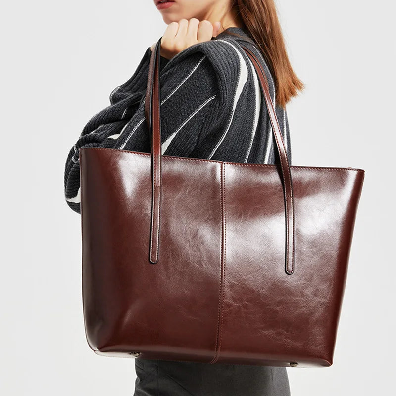 Spacious Large Capacity Laptop Shoulder Handbag Women Office Work Daily Commute Business Use Cowhide Genuine Leather Tote Bags