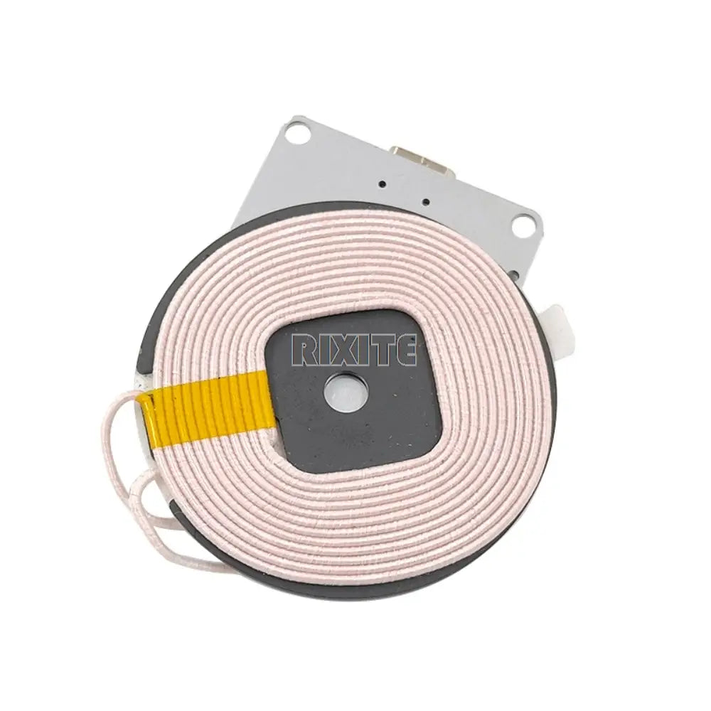 A circular light pink coiled wire wireless charger 15w fast charging module with a black central plate bearing the rixite logo and a yellow stripe designed for 12v input.
