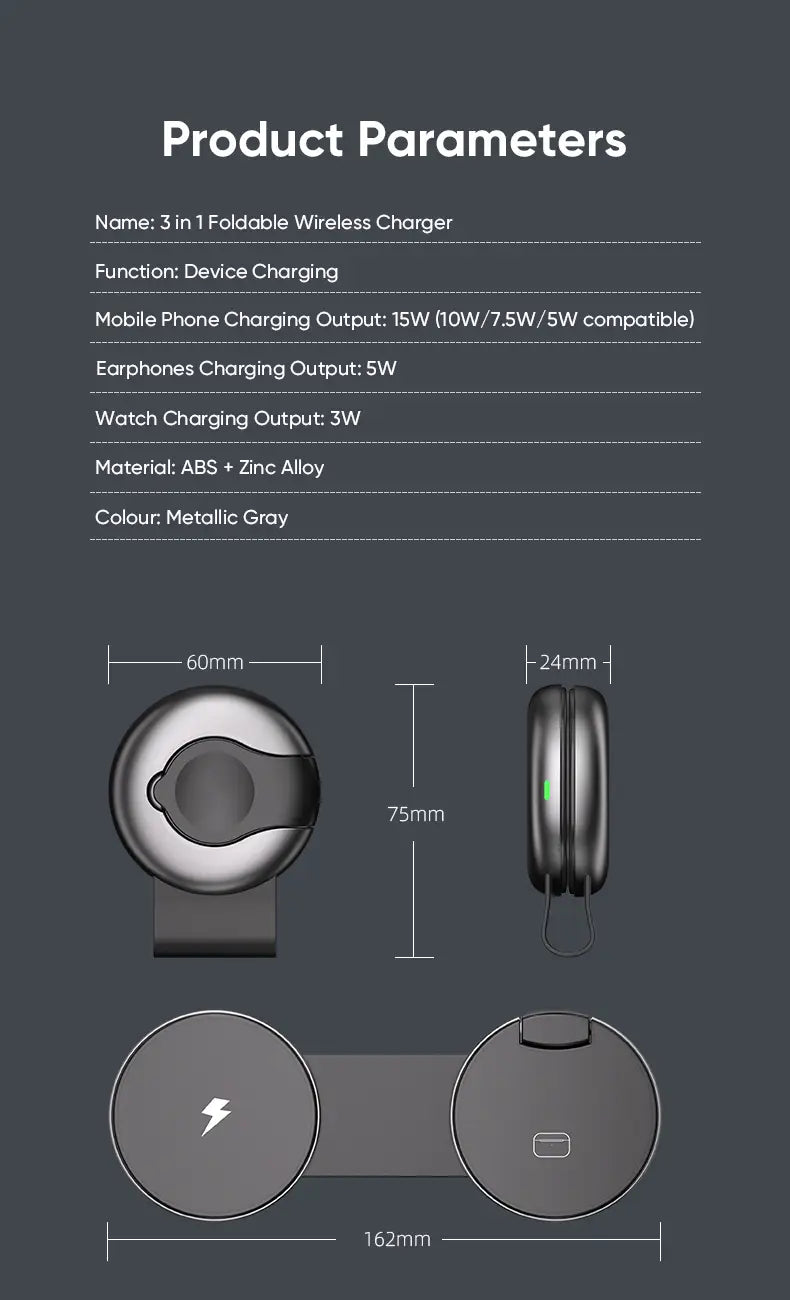 Metallic gray foldable 3-in-1 magnetic wireless charger made of ABS and zinc alloy displayed from the back side.