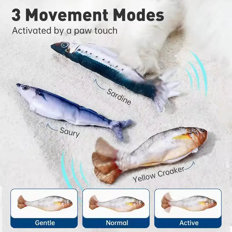スマートな電気的インタラクティブ魚のキャットトイ用に、いわしをブルーグレー、サンマをシルバーホワイトの黒い斑点入り、キイロハタをイエローオレンジの色合いで揃えた3匹のぬいぐるみ魚玩具。電気的な相互作用とファンフィッシュデザインの遊びを楽しむための玩具。