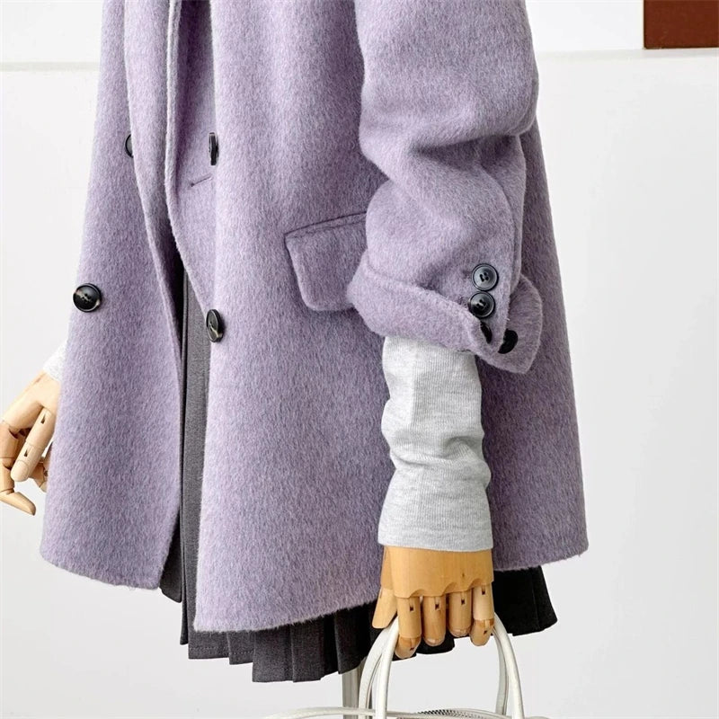Women's Double-faced Woolen Coat Spring Autumn New Suit Collar Double Breasted Long Sleeve Temperament Commuting Purple Jacket