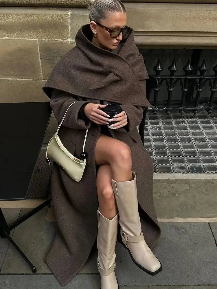 Women Elegant Shoulder Pad Wool Blend Overcoat Brown Lapel Single-Breasted Long Sleeve Coat 2025 Autumn Lady Commuter Outerwear
