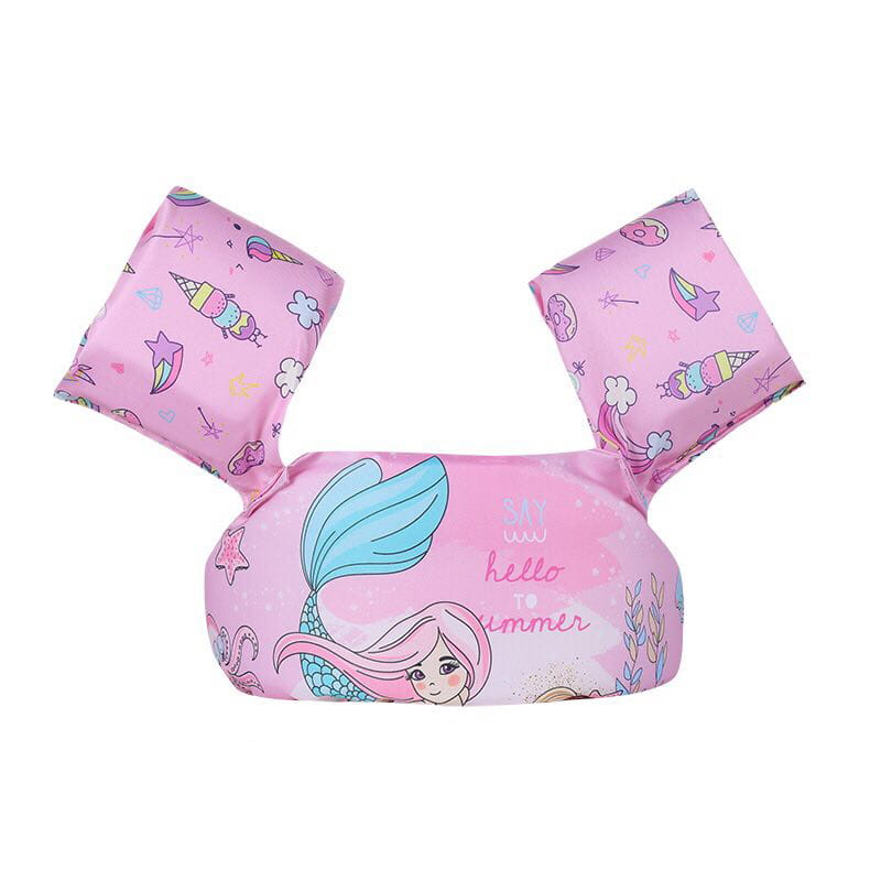 Pink inflatable foam kids swim armbands featuring a cartoon mermaid with a blue tail and pastel ice cream star and cloud patterns for buoyancy float vest use.