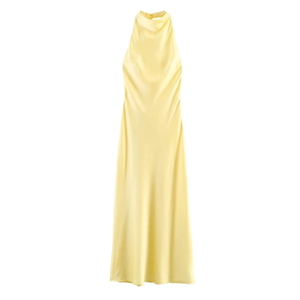 Women's Evening Party Long Dress Summer Female Elegant Satin Backless Halter Dress Lady Pleated Sleeveless Yellow Dresses Robes