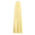 Women's Evening Party Long Dress Summer Female Elegant Satin Backless Halter Dress Lady Pleated Sleeveless Yellow Dresses Robes