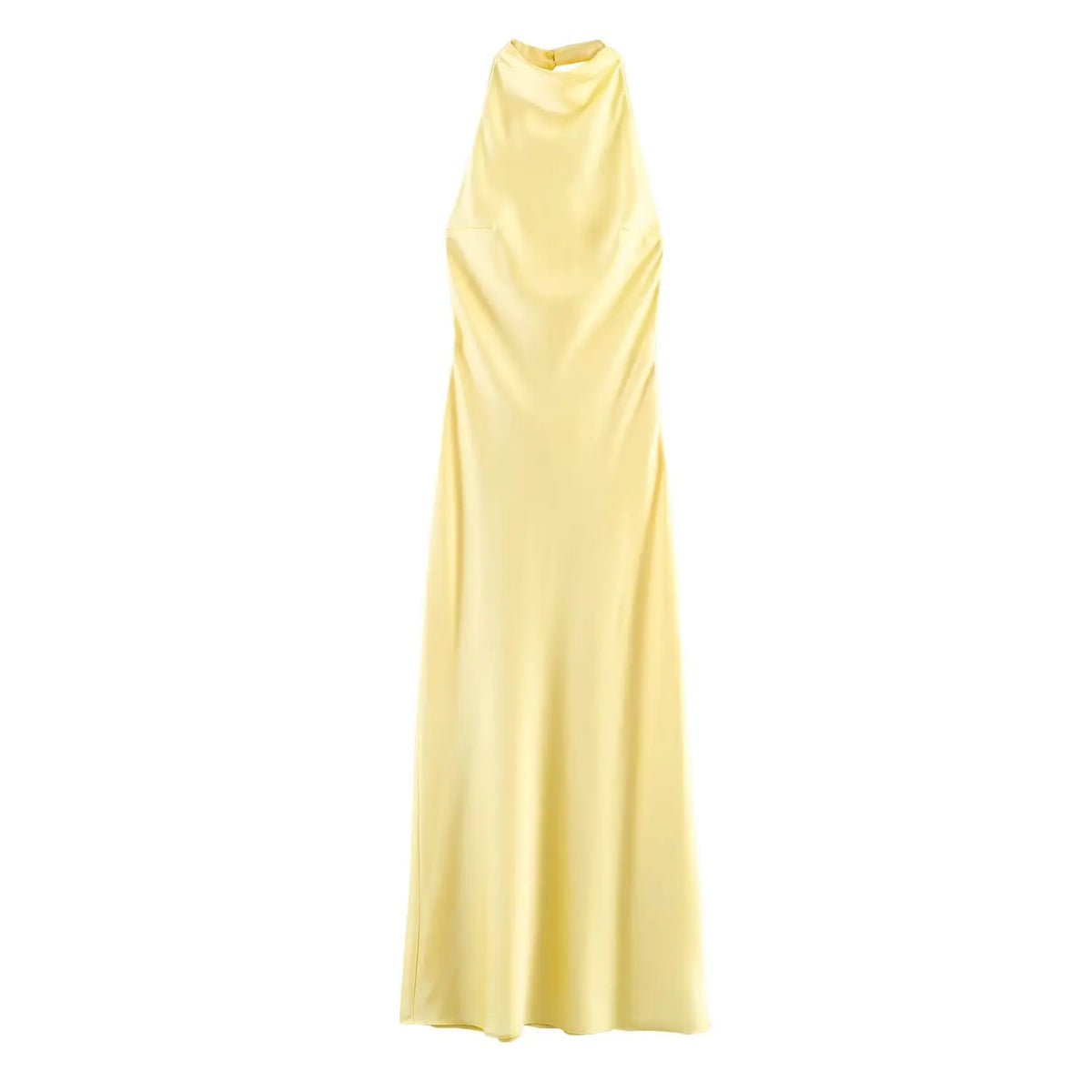 Women's Evening Party Long Dress Summer Female Elegant Satin Backless Halter Dress Lady Pleated Sleeveless Yellow Dresses Robes