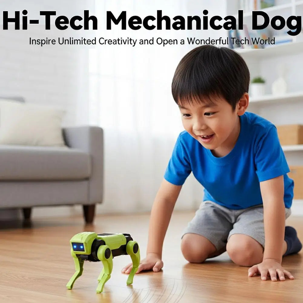 A lime green robotic dog toy with black joints and glowing blue eyes designed as a diy walking mechanical dog pet.