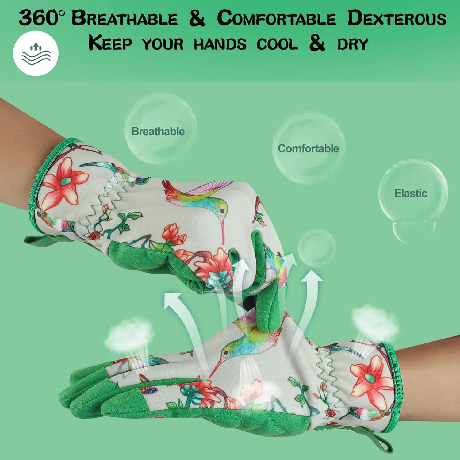 White floral touchscreen gardening gloves for women featuring a vibrant hummingbird pattern with green fabric palms and cuffs, shown from the back side.