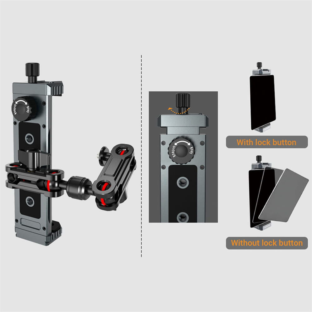 Black and silver aluminum tripod mount adapter with red accent details featuring an adjustable universal tripod mount clamp for tablets and phones.