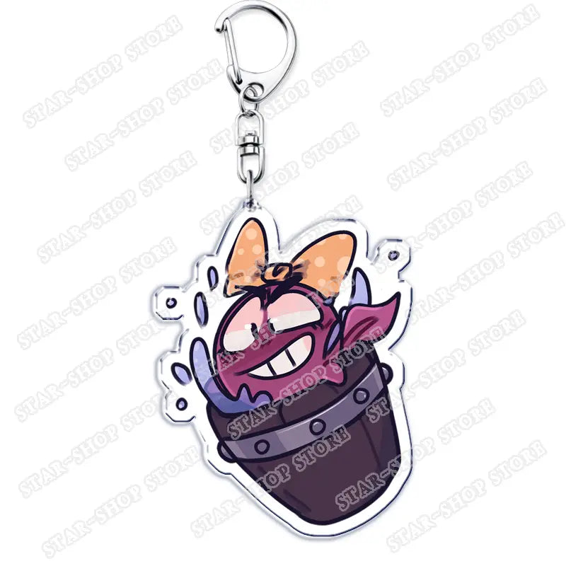 Purple cartoon character with orange bow smiling and wearing a dark purple bucket outfit made of clear acrylic Amphibia Anime acrylic keychain cartoon keyring.