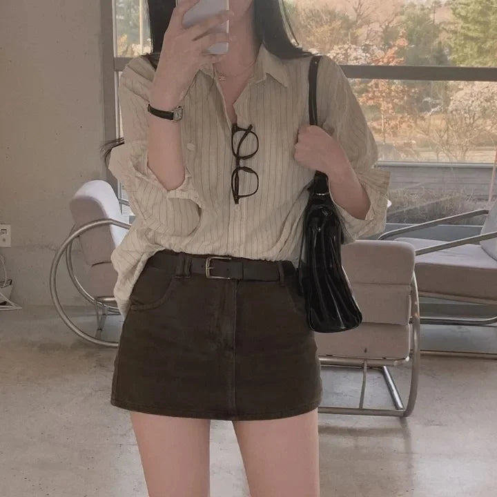 Spring Autumn Versatile Loose Striped Long Sleeve Shirt Top Women's Fashion Loose Fit Stripe Patterned Versatile Shirt