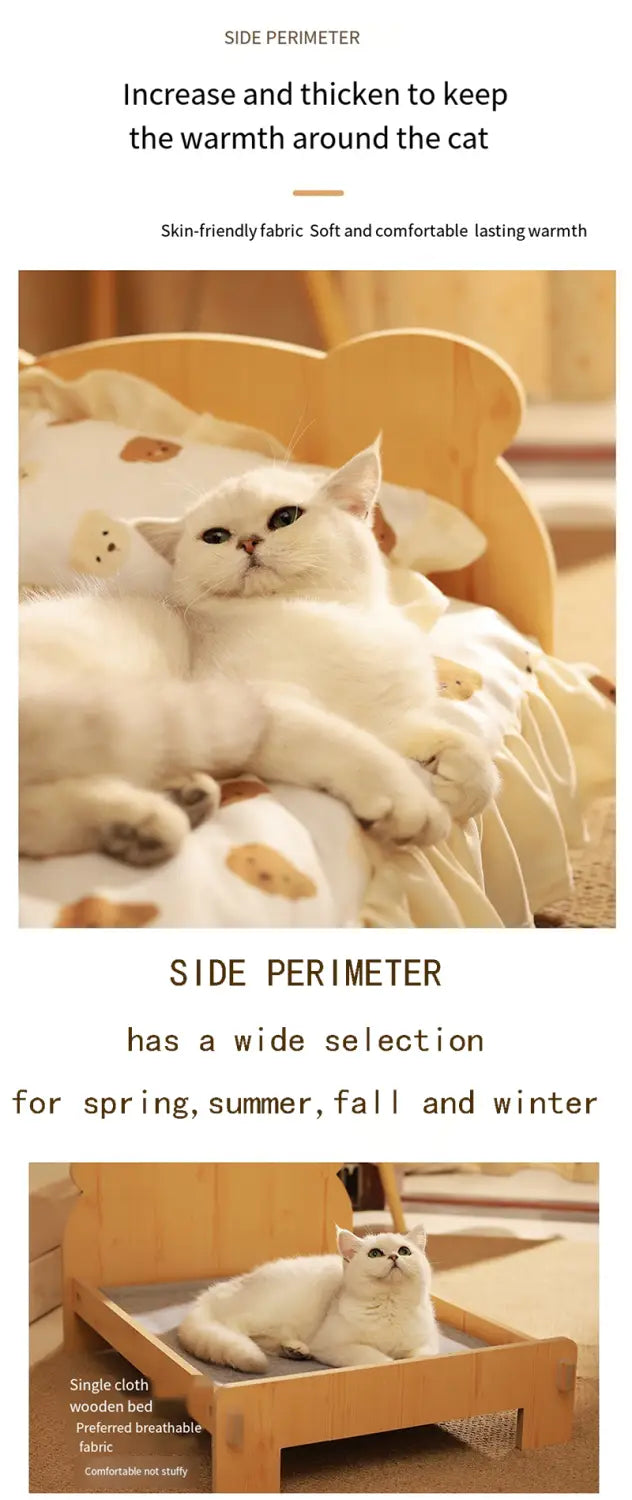 A cozy cream-colored cat bed with soft breathable fabric and a wooden cat frame featuring a bear pattern.