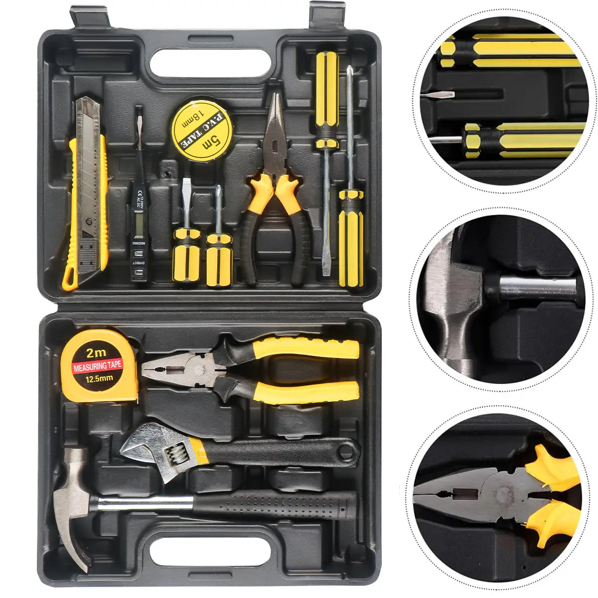 Juego de herramientas manuales domésticas Wozobuy con mangos de plástico amarillo y negro y útiles metálicos organizados de forma ordenada en un estuche de almacenamiento moldeado.