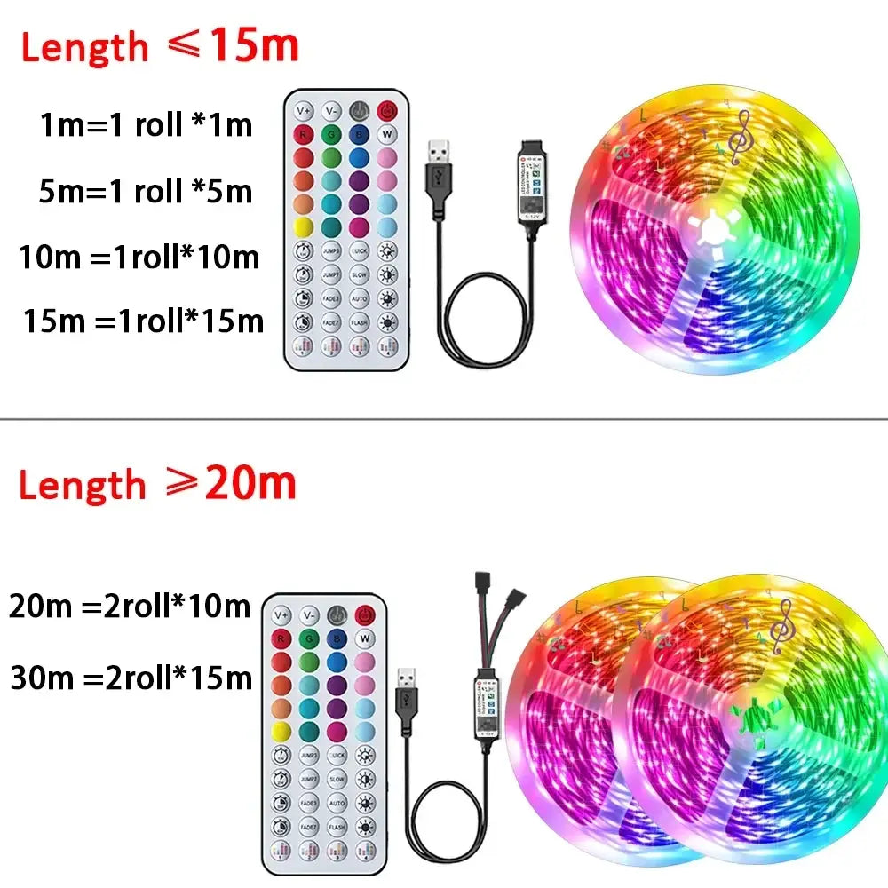Rgb led strip lights with rainbow colors, music sync, app control, remote, and usb power adapter shown from front angle