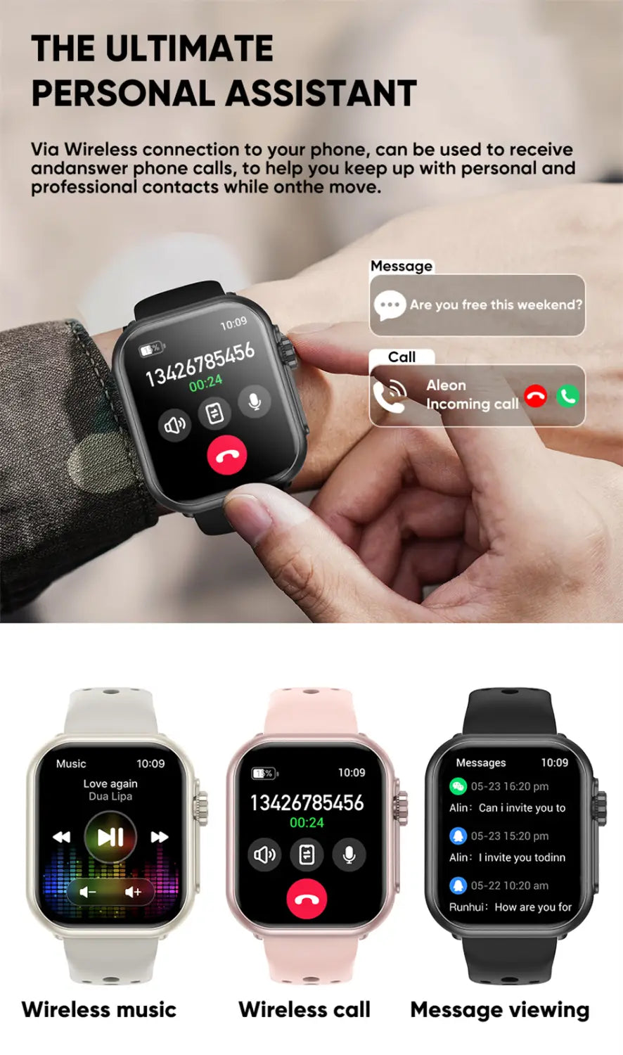 AMOLED-Bluetooth-Smartwatch-Fitness-Tracker (IP68) in Schwarz mit rechteckigem Display, das Telefonanruf- und Nachrichten-Schnittstellen anzeigt, sowie silberfarbenen Akzenten am Rahmen.