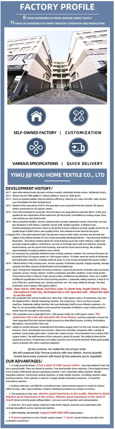 Document de profil d’usine pour yiwu jih ji home quick delivery co., ltd, présentant le tapis de bain antidérapant en mignon dessin animé Bubu Dudu, conçu pour un usage sûr et confortable dans la salle de bains.