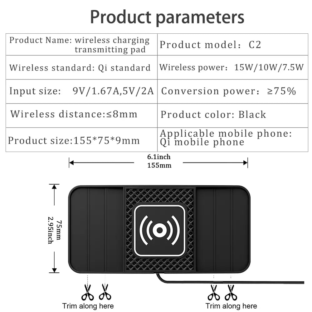 Schwarzes 15-W-Schnelllade-Wireless-Car-Ladepad mit strukturierter Oberfläche und zentralem Qi-Logo, ausgelegt für ein effizientes Laden im Fahrzeug.