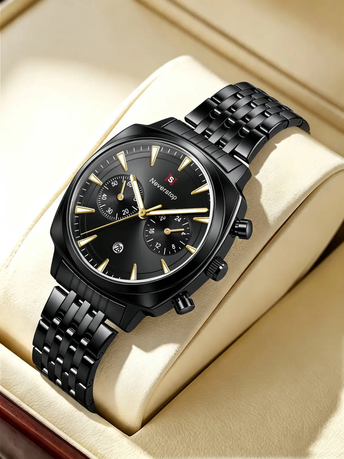 Men’s stainless steel chronograph watch in black stainless steel with gold-tone hands and markers featuring a sleek rectangular case and linked bracelet.