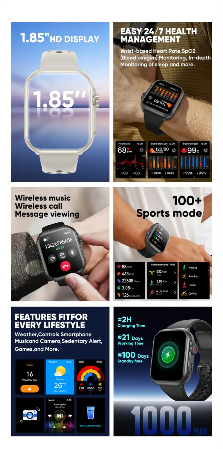 Weißer AMOLED-Bluetooth-Smartwatch-Fitness-Tracker mit 1,85-Zoll-HD-Display und schwarzem Rahmen mit Funktionen zur Herzfrequenz- und SpO2-Gesundheitsüberwachung.