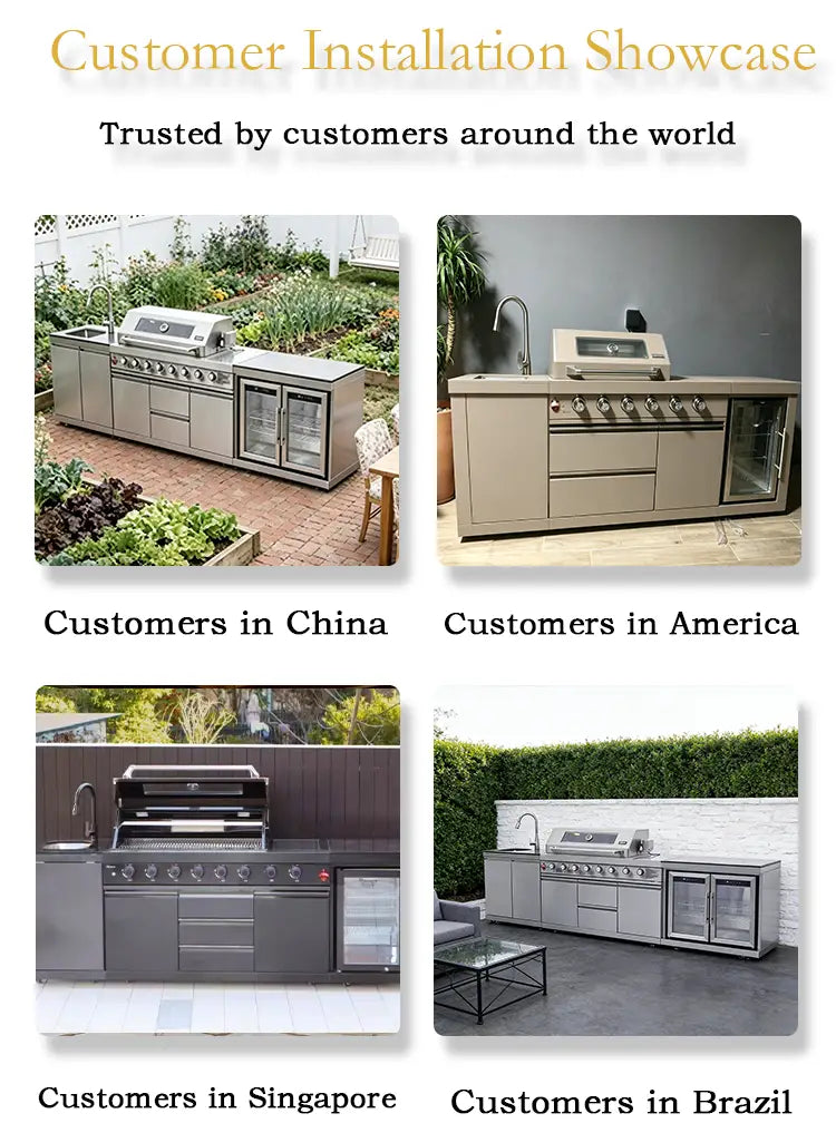 Edelstahl-Outdoorkücheninsel und Grill-Set mit integriertem Grill, Glastür-Kühlung sowie Schränken zur Aufbewahrung.