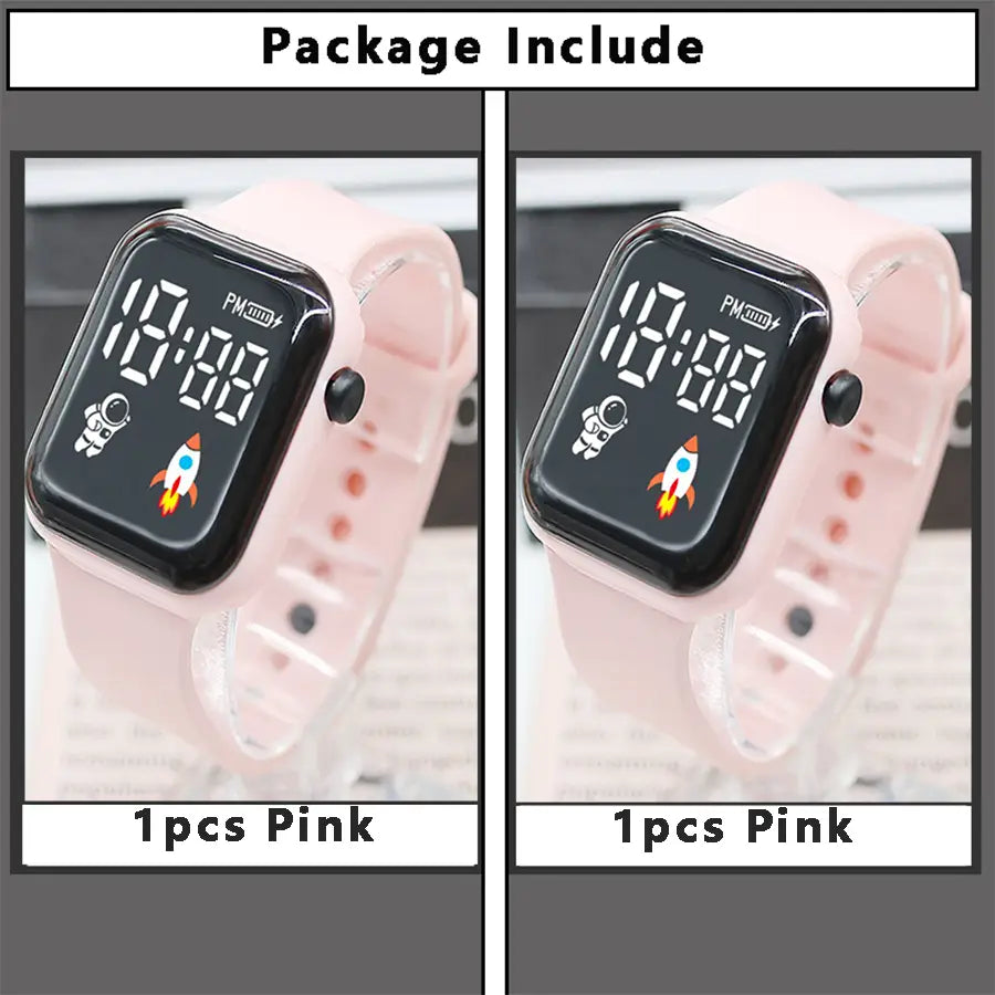 Montre électronique à bracelet en silicone rose pour enfants, garçons et filles, avec face numérique rectangulaire noire affichant des icônes d’astronaute et de fusée