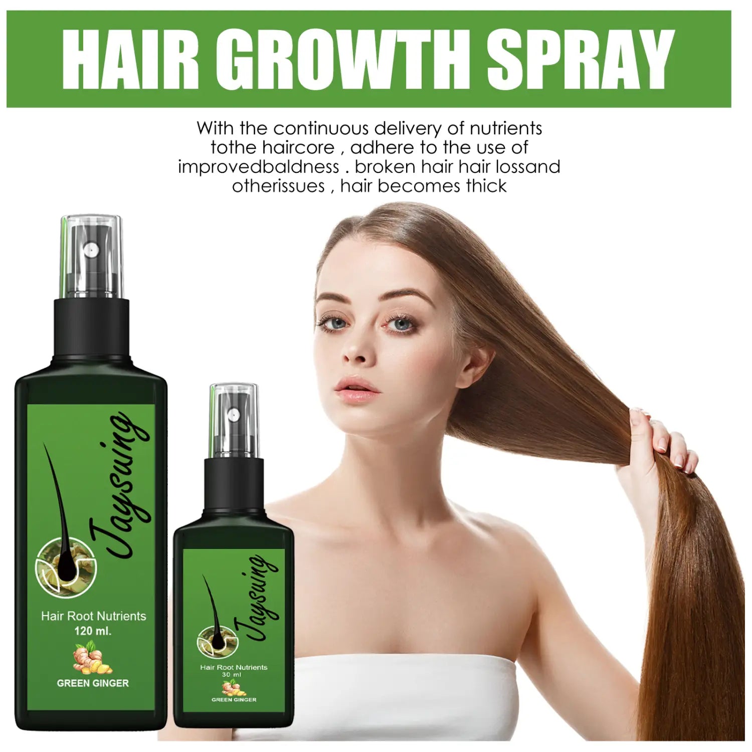 Frasco de vidrio verde de Jaysuing con spray de crecimiento con jengibre para el cuidado del cabello, con boquilla rociadora negra y etiqueta con una ilustración de un folículo piloso para el tratamiento nutritivo del cuero cabelludo de 120 ml.