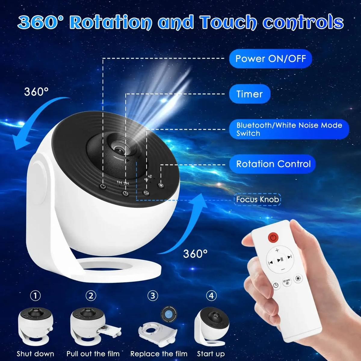 White and black 360-degree rotating galaxy projector pro with touch controls and white noise for bedroom use
