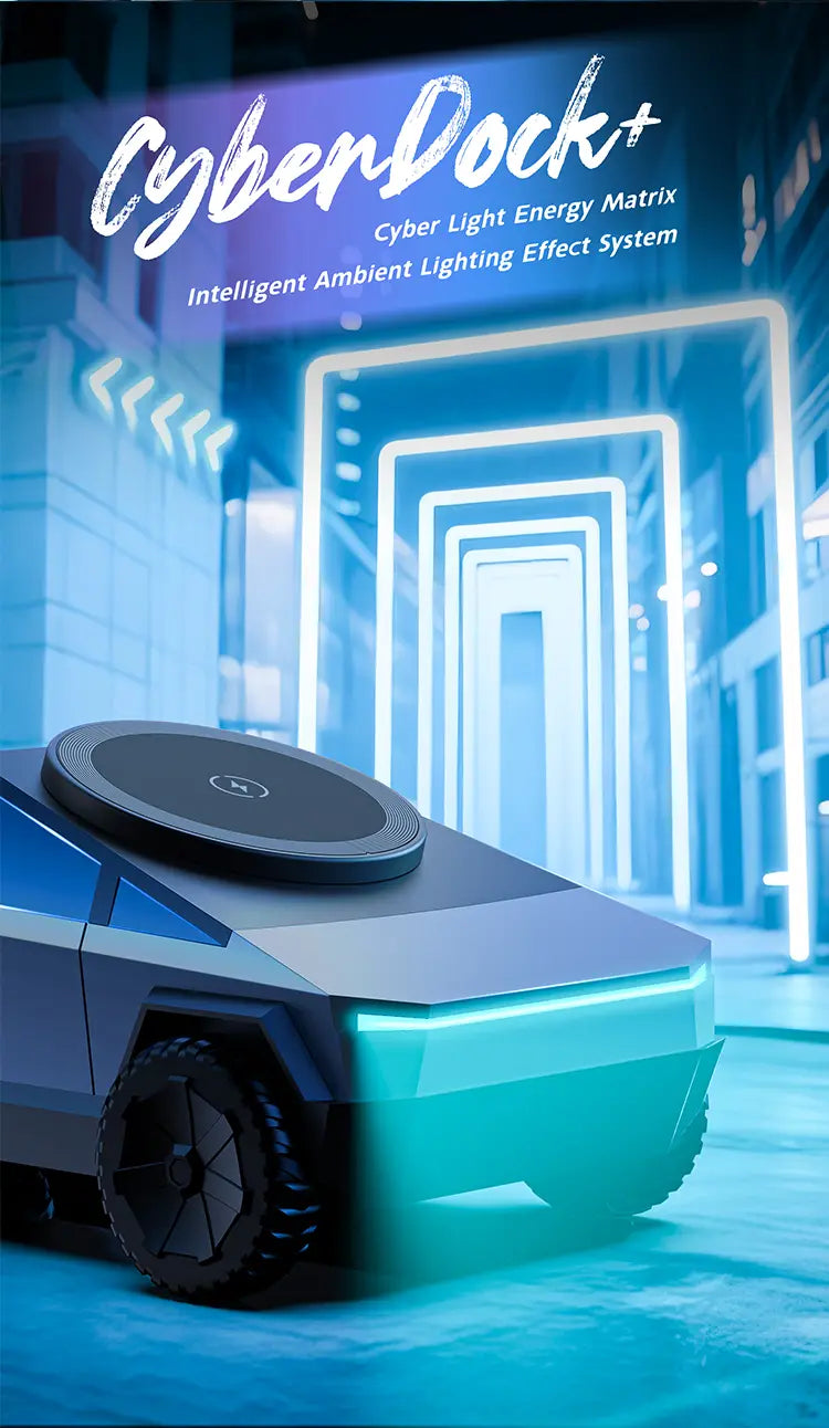 Cyberdock+ is a sleek black and teal wireless charging pad with integrated ambient lighting featured in the Cybertruck 3-in-1 wireless charging station.