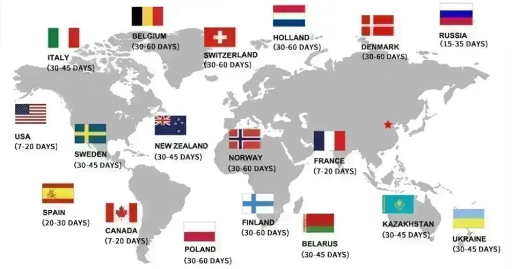 Mapa mundial gris con banderas de países y tiempos de procesamiento en días mostrados en la parte posterior de una camiseta deportiva de verano unisex, diseñada para ropa deportiva.