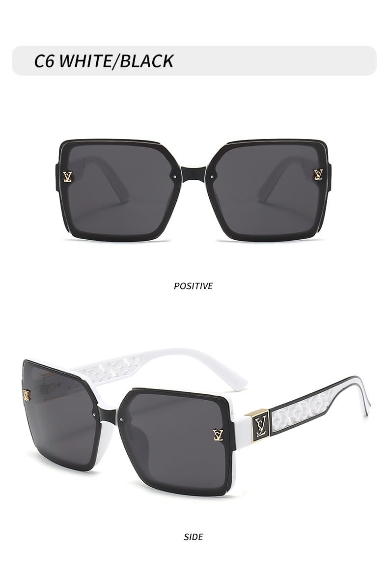 Lunettes de soleil carrées surdimensionnées unisexes de style créateur avec protection UV400, avec monture carrée noire, verres gris foncé, accents de logo LV ton or sur les branches, et une variante de bande de branche blanche texturée.