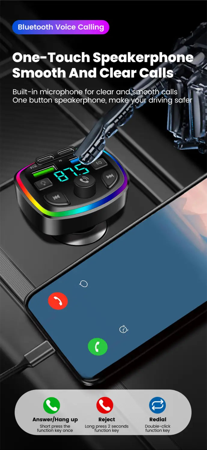 black one-button bluetooth speakerphone with rainbow led lighting around the edges featured in a bluetooth fm transmitter car charger with dual usb and rgb lighting.