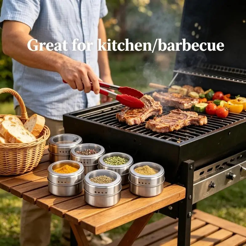 Set mit sechs Gewürzgläsern aus Edelstahl mit klaren Deckeln, die auf einem Holztisch neben einem Grill angeordnet sind, enthalten in einem Gewürzgläser-Set aus Edelstahl mit Tablett.