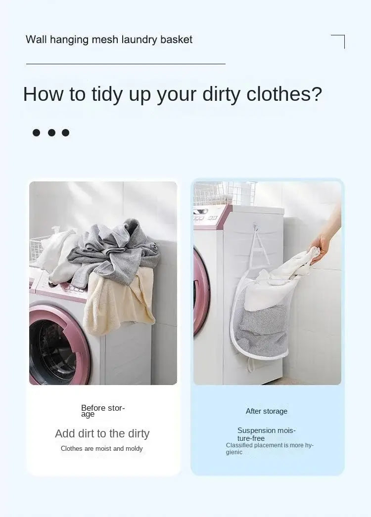 Organisateur de rangement pour linge pliable blanc en maille, avec une poignée robuste et des coutures renforcées, pour un rangement mural durable, résistant à l’humidité.