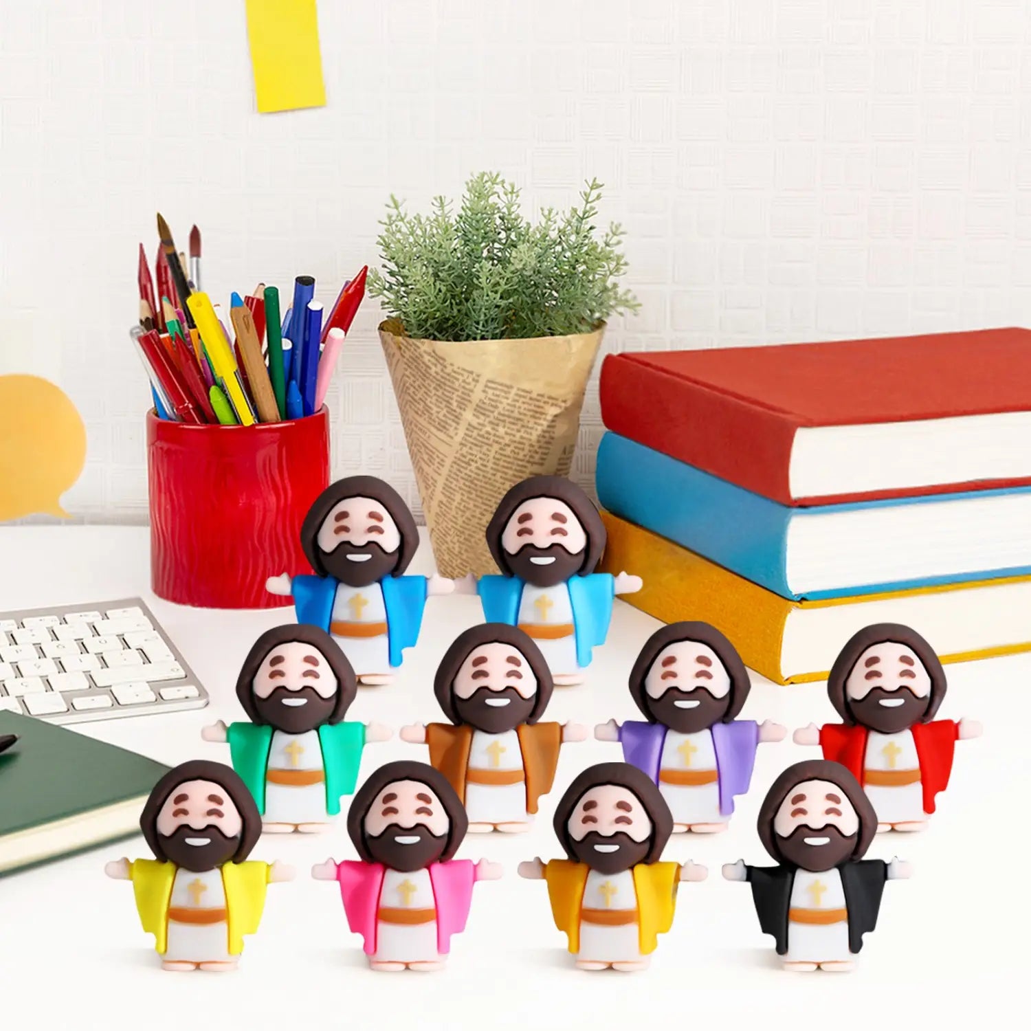 A set of ten colorful cartoon-style usb flash drives shaped like smiling Jesus figures with beards for Mini Jesus Figurines Easter Party Favors 10 Pcs.
