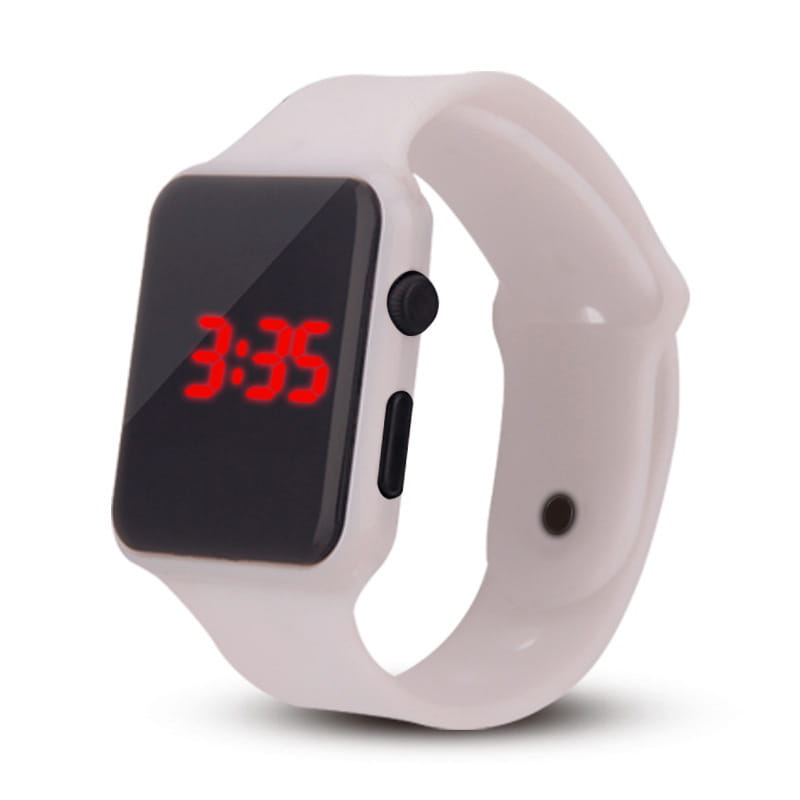 Reloj deportivo digital blanco para hombres y mujeres con pantalla negra rectangular que muestra números LED rojos, hecho de silicona para un uso casual en la muñeca