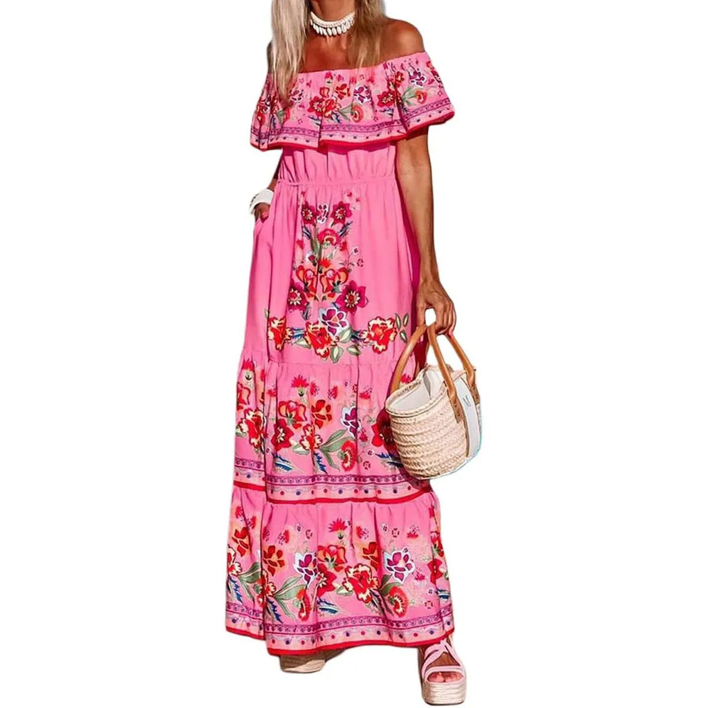 Beach Holiday Party Traditional Ethnic Wear Off Shoulder Floral Print Women Mexican Dress